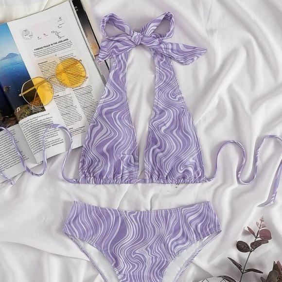 Purple Fluid Pattern Bikini Top Halter - Picture 3 of 5